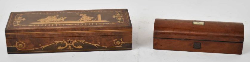 A Continental inlaid rectangular box, width 33cm and a Victorian mahogany glove box (2).