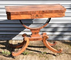 An early 19th century Regency period mahogany and crossbanded foldover card table, width 92cm.