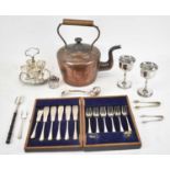 A small quantity of plated items, to include pair of goblets, egg stand comprising egg cups,