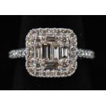 A 9ct white gold square round brilliant cut and baguette diamond cluster ring, approx. 1.00ct,