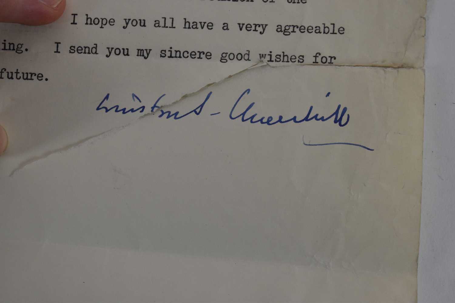 WINSTON CHURCHILL; a hand signed letter in blue ink dated 3 June, 1960 (torn through signature). - Image 2 of 2