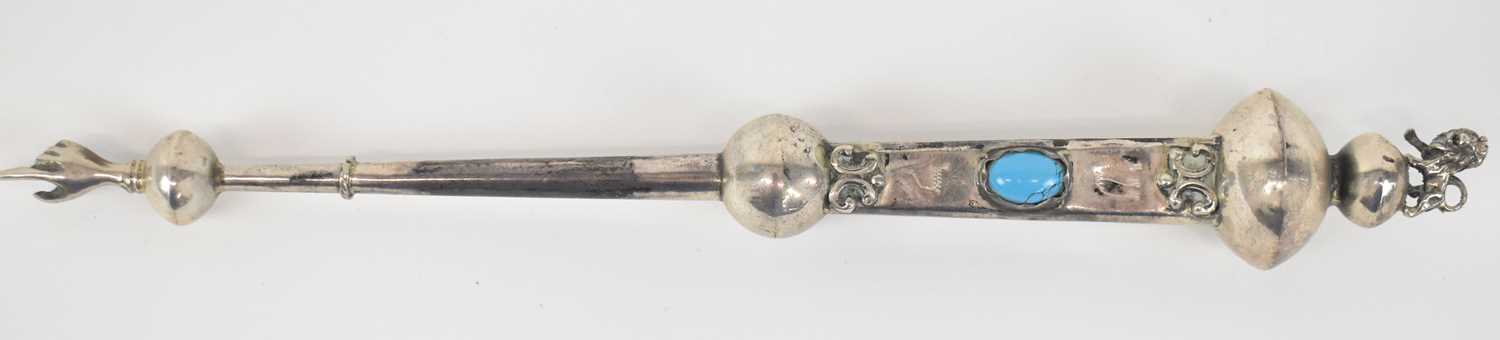 JUDAICA; a late 19th century Russian/Polish silver 84 zolotnik yad or Torah pointer with lion finial