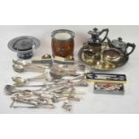 A quantity of assorted plated items including bachelor's tea service, flatware, some with silver