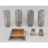 A modern 925 silver square bottle coaster, 14 x 14cm, a white metal salt and pepper and a set of