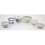 Four assorted tea bowls and two sugar bowls, including Chinese, English and European examples.