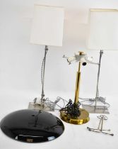 A pair of contemporary metal table lamps stamped 'CLCL', height to top of shade 69cm, also a brass