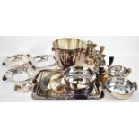 PLATA LAPPAS; a good collection of plated ware with horn handles or mounts including huge ice bucket