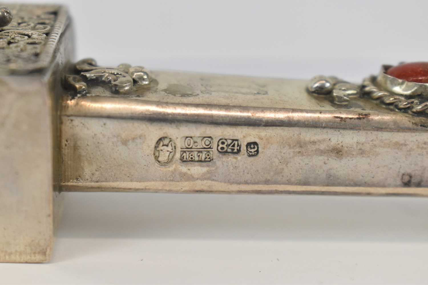 JUDAICA; a late 19th century Russian/Polish silver yad or Torah pointer, the top with hinged spice - Image 3 of 3