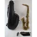 C G CONN, ELKHART; a brass alto saxophone, cased, with mouthpiece.