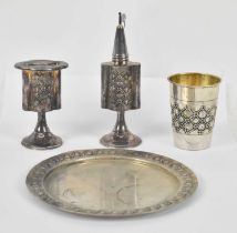 JUDAICA; a modern sterling silver three piece havdalah set with tray, combined approx. 8.44ozt/262g.