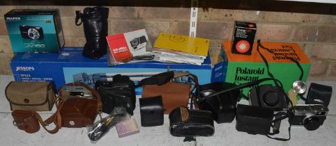 A quantity of vintage cameras and camera equipment including Olympus OM10 and several others, a