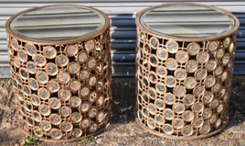 A pair of contemporary gilt metal circular side tables with bevelled mirrored tops and inset with