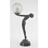 † MAX LE VERRIER (1891-1973); a French Art Deco patinated spelter figural lamp modelled as a nude