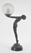 † MAX LE VERRIER (1891-1973); a French Art Deco patinated spelter figural lamp modelled as a nude