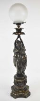 A large early 20th century bronze figure of two dancing females, converted to table lamp, apparently