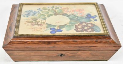 A good 19th century rosewood rectangular jewellery box, the lid inset with a watercolour still life,
