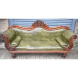 A good William IV/early Victorian mahogany framed green leather upholstered sofa, width 212cm.