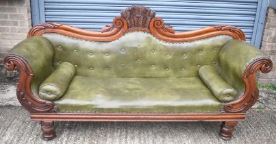 A good William IV/early Victorian mahogany framed green leather upholstered sofa, width 212cm.