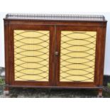 A 19th century mahogany side cabinet with three quarter pierced brass gallery top and pair of two