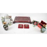 A group of modern Chinese items, to include hardwood stand, Buddha, pair of cloisonné decorated