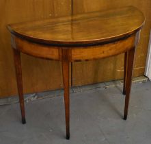 A late 19th century mahogany and rosewood banded fold over demi-lune card table, width 94cm, depth