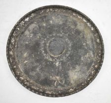 An Indian base metal circular tray with white metal inlaid decoration, diameter 30cm.