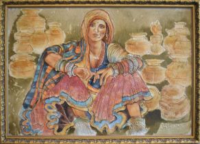 JAYA RASTOGI WHEATON; oil and sand on canvas, 'Woman with Pots', signed and dated '00, also