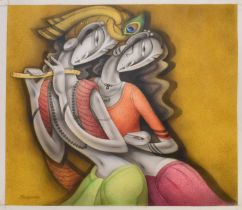 RAMESH PACHPANDE (Indian, born 1954); acrylic on canvas, 'Radha Krishna', 76 x 76cm, signed '