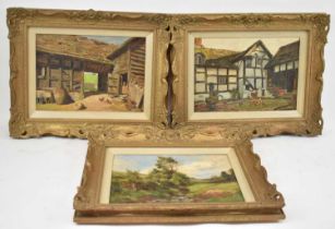 UNATTRIBUTED; a group of three gilt framed oils on board, rural scenes, one indistinctly signed