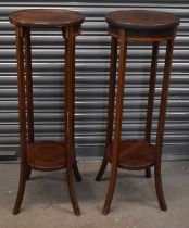 Two Edwardian mahogany line inlaid jardinière stands, height approx. 65cm.