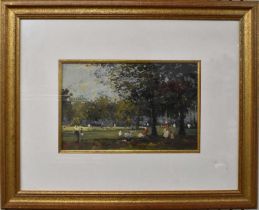 † ROY PETLEY (born 1950); oil on board, figures in a park, signed, 20 x 30cm, framed and glazed.