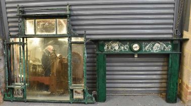 An Edwardian green painted overmantel mirror decorated to simulate malachite, height approx. 150cm x