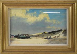 † ROY PETLEY (born 1950); oil on board, coastal landscape with figures on a beach, signed, 30 x