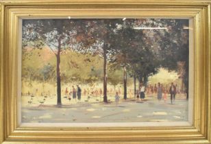 † ROY PETLEY (born 1950); oil on board, figures walking through a tree lined pathway, signed, 40 x