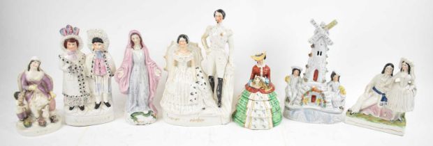A collection of seven assorted Staffordshire figures including 'Eugenie & Napoleon', 'Widow', 'Darby