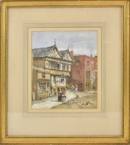 LOUISE J RAYNER (1832-1924); watercolour, 'The Falcon Cocoa House', street scene in Chester, signed,