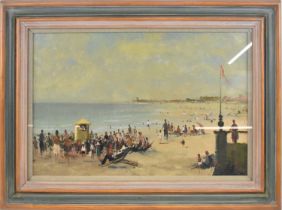 † ROY PETLEY (born 1950); oil on board, beach scene with figures crowding around a Punch and Judy