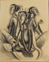 RAMESH PACHPANDE (Indian, born 1954); charcoal on paper, 'Villagers Selling Cocks', signed and dated