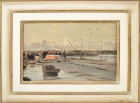 † ROY PETLEY (born 1950); oil on board, figures on a quayside, signed, 28 x 44cm, framed.