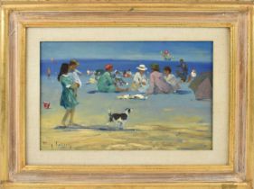 † ROY PETLEY (born 1950); oil on board, 'Beach Party', signed, titled verso, 30 x 45cm, framed.