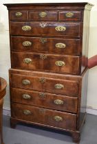 A late 18th century walnut chest on chest, with three short drawers above six long drawers, height
