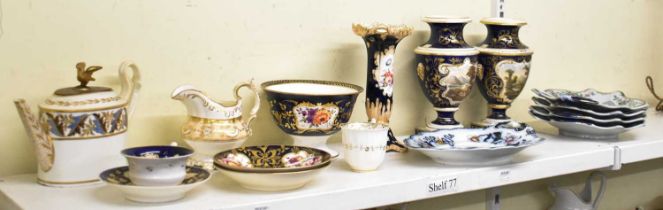 A mixed lot of predominately 19th century ceramics including pair of Derby vases with painted