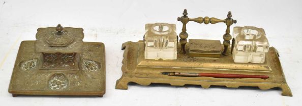 Two brass ink standishes, the largest width 31cm.