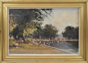 † ROY PETLEY (born 1950); oil on board, figures in a park, signed, 40 x 60cm, framed and glazed.