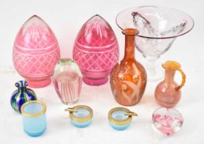 A mixed lot of glassware including pair of ruby glass light shades, two paperweights, decorative