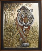 † RAMA SAMARAWEERA (1926-2021); a large oil on board, a prowling tiger, 119 x 89cm, framed.