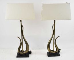 PAREX; a pair of bronze effect contemporary table lamps with white shades, height to top of