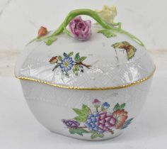 HEREND; a floral white painted lidded pot decorated with flowers to the handle and body, height to