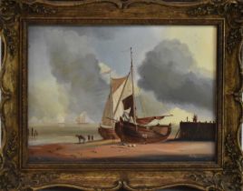 † MATTHEW ALEXANDER; oil on board, shipping scene depicting two boats, figures and horses on a
