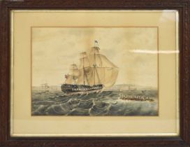 A H C BRIDGWATER; watercolour, a busy shipping scene, signed with initials and with annotated